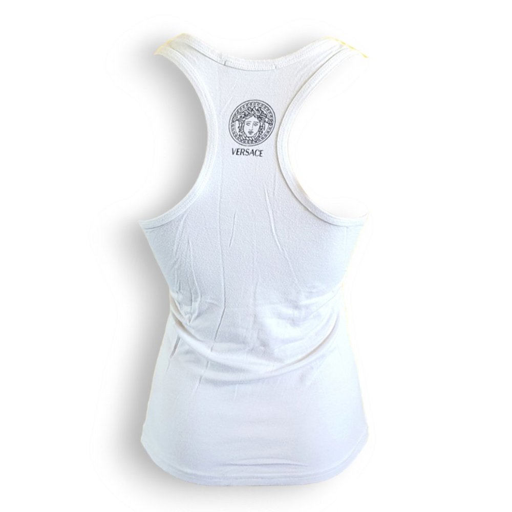 Y2k white Versace singlet top Metallic gold + silver print fits AU 6, 8, 10 - Picture 4 of 5